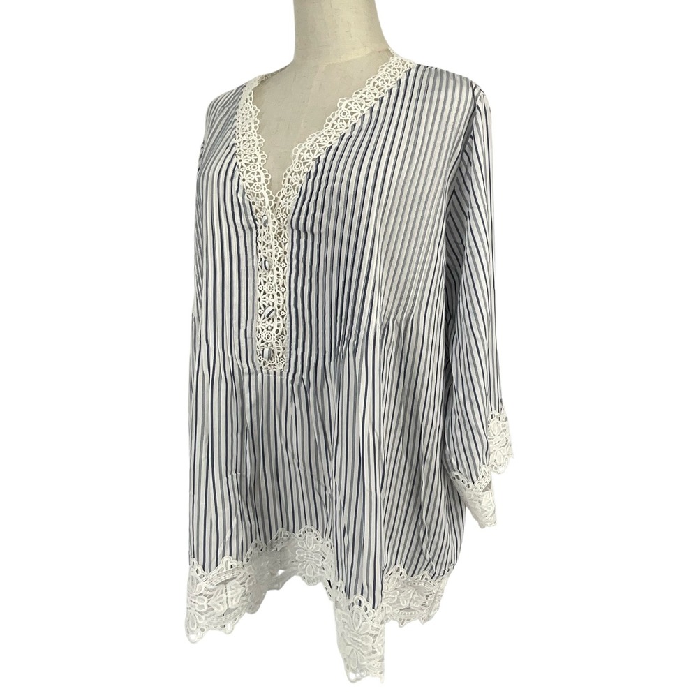 Chelsea & Theodore Woman Blue White Striped Lace Trim Tunic Top 1X Cottagecore - Picture 3 of 11